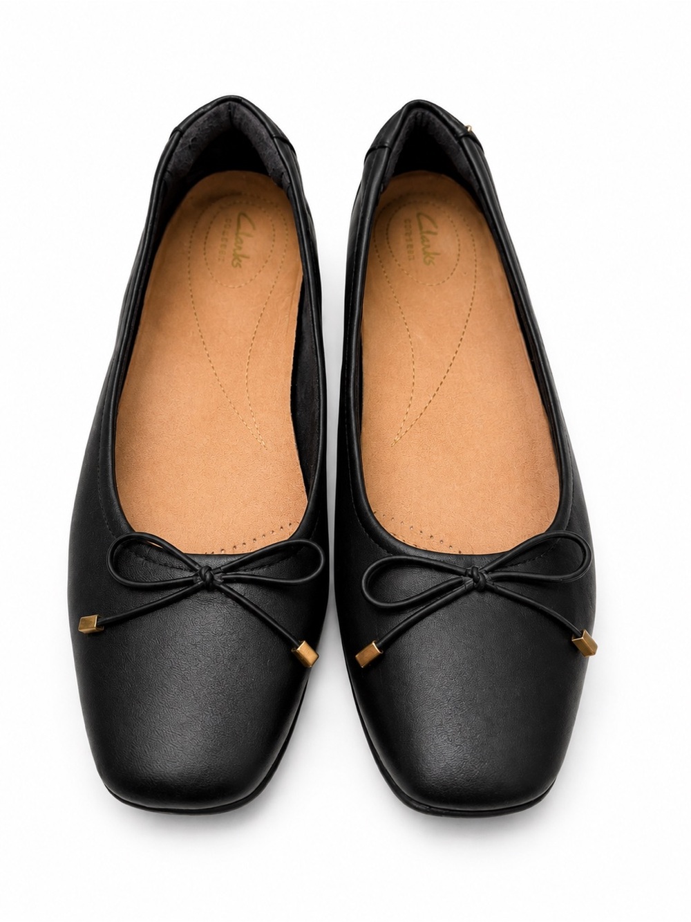 Clarks Black Leather Square-Toe Ballet Flats with Bow